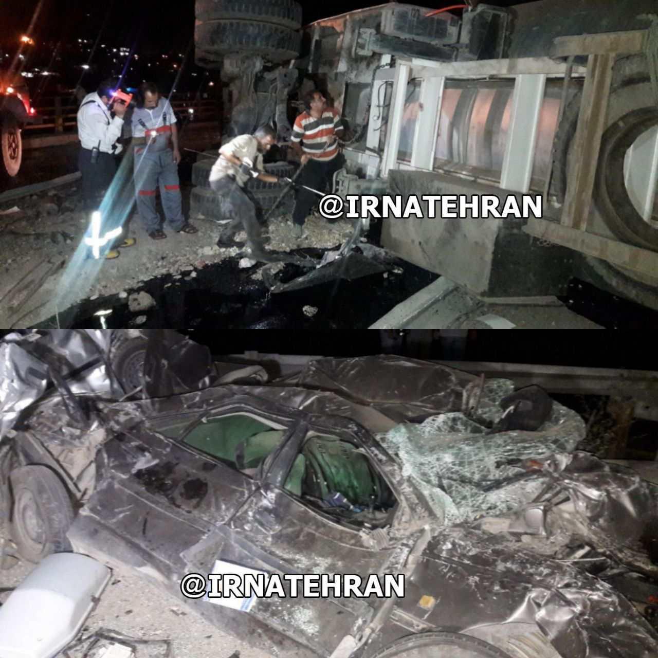 واژگونی تریلر حاوی قیر به علت برخورد شدید با چند خودرو  عامل ترافیک سنگین در محور تهران به دماوند (+عکس)