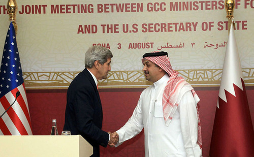 کنفرانس خبری وزیران خارجه قطر و آمریکا در پایان نشست مشترک وزیران خارجه شورای همکاری و آمریکا در دوحه