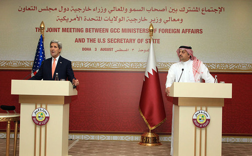کنفرانس خبری وزیران خارجه قطر و آمریکا در پایان نشست مشترک وزیران خارجه شورای همکاری و آمریکا در دوحه