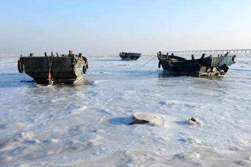 چسبیدن قایق های ماهیگیری به سطح یخزده ساحل جیائوژو در شهر گینگدائو چین
