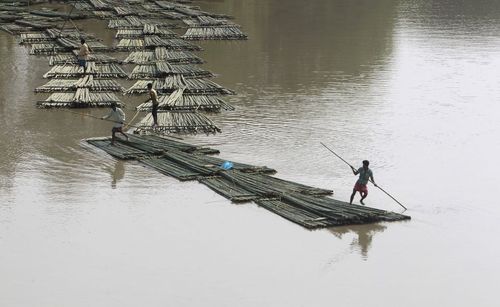 حمل چوب های بامبو روی رودخانه ای در هند