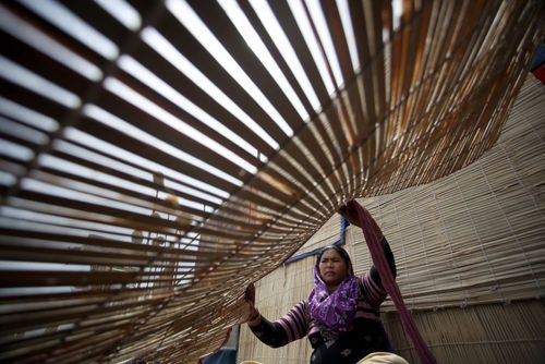یک زن هندی در حال درست کردن پرده های حصیری از چوب بامبو