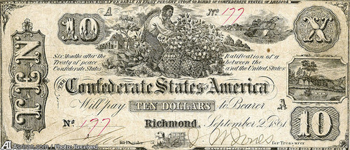 اسکناس ده دلاری مربوط به سال 1862 با عکسی از یک مرد آفریقایی در حال جمع آوری پنبه
