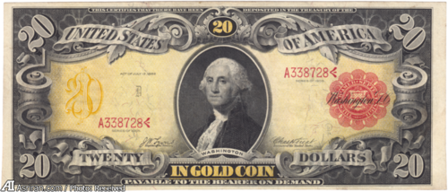اسکناس طلایی بیست دلاری چاپ 1905 با تصویری از جورج واشنگتن اولین رئیس جمهور ایالت متحده آمریکا