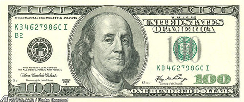 اسکناس صد دلاری با تصویری از بنجامین فرانکلین یکی از پایه گذاران آمریکا