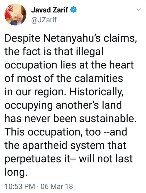 ظریف: الإحتلال غير الشرعي هو مصدر غالبیة مشاکل المنطقة