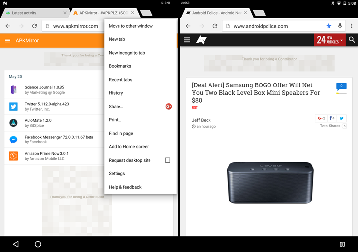 نمایش دو تکه پنجره های کروم در اندروید N نمایش دو تکه پنجره های کروم در اندروید N