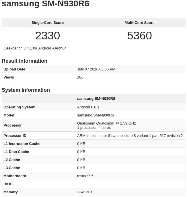 رویت نسخه دیگری از گلکسی نوت ۷ در Geekbench رویت نسخه دیگری از گلکسی نوت ۷ در Geekbench