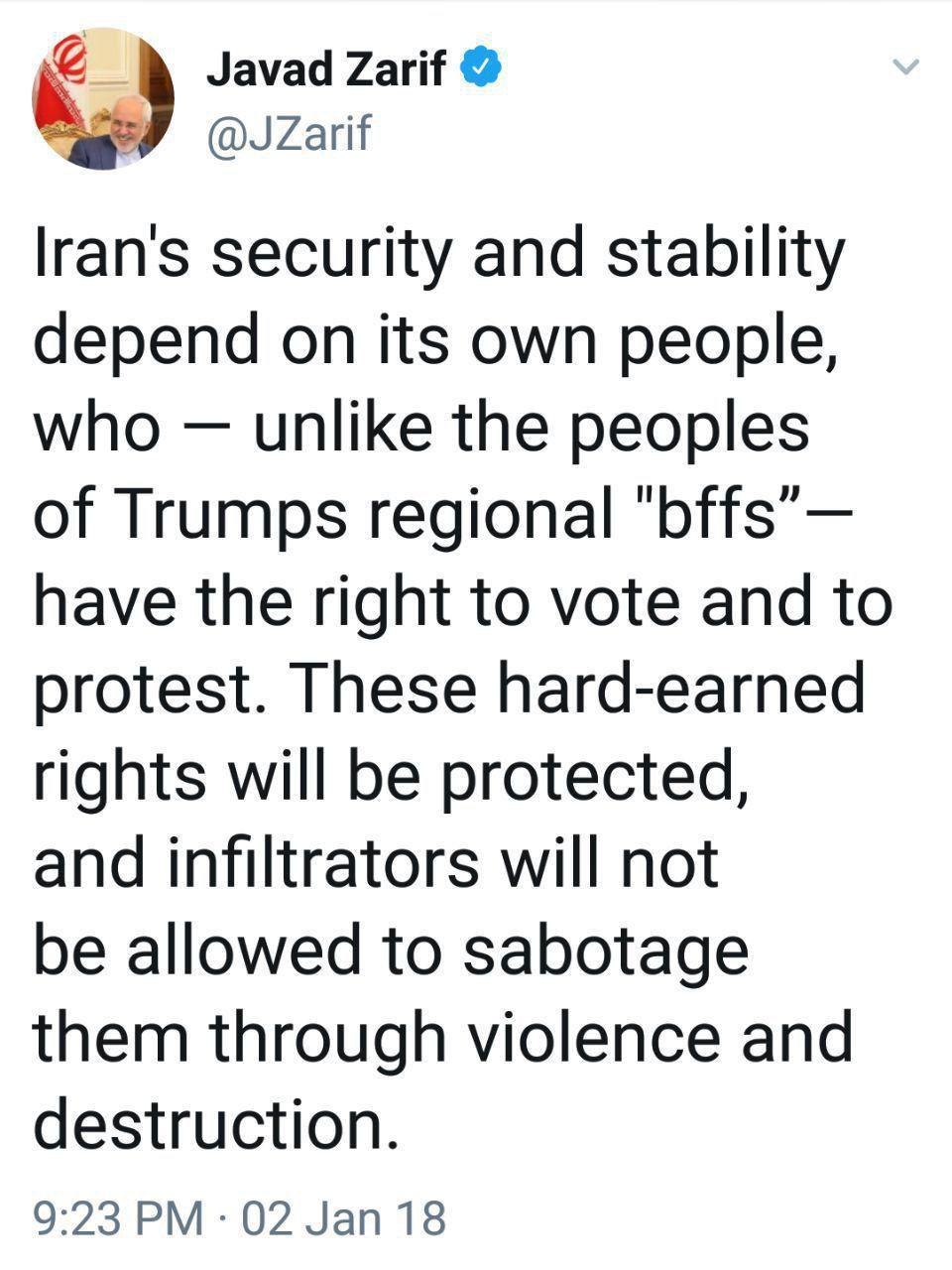 ظریف: به نفوذی‌ها اجازه تخریب داده نخواهد شد