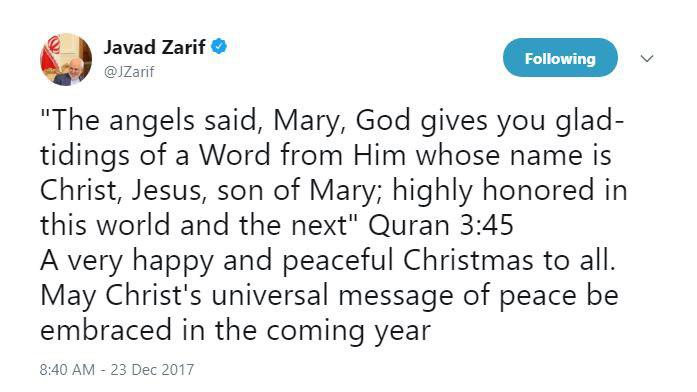 پیام توئیتری ظریف به مناسبت کریسمس پیام توئیتری ظریف به مناسبت کریسمس