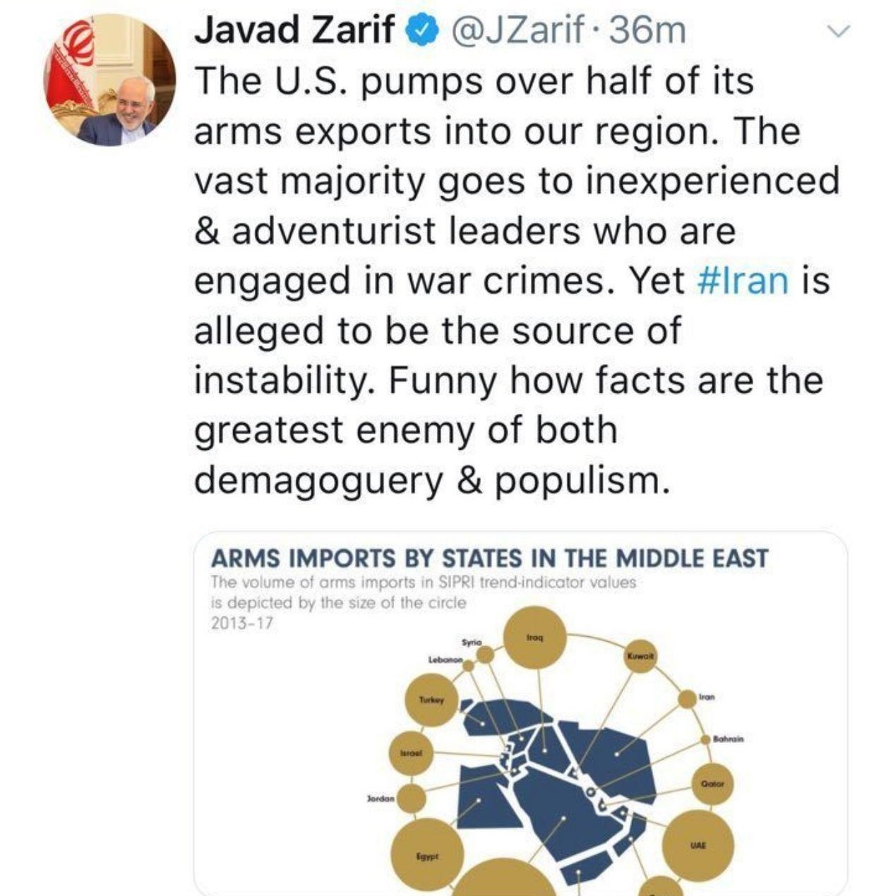 ظریف: نیمی از صادرات تسلیحاتی آمریکا به خاورمیانه بوده