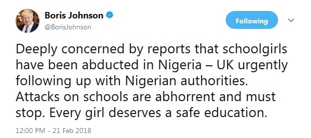 واکنش بوریس‌جانسون به ربوده شدن دانش‌آموزان توسط بوکوحرام (عکس)