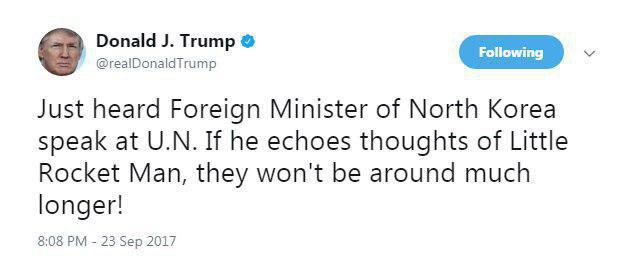 تهدید ترامپ: اگر وزیر کره ای نظرات مرد موشکی را تکرار کرده باشد آنها دیگر دوام نمی آورند تهدید ترامپ: اگر وزیر کره ای نظرات مرد موشکی را تکرار کرده باشد آنها دیگر دوام نمی آورند