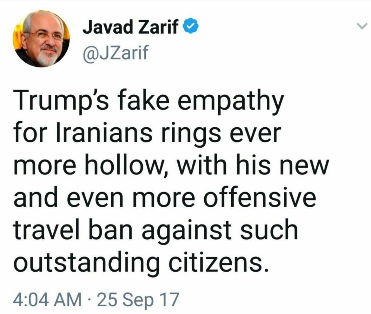 ظریف: همدلی دروغین ترامپ با ایرانیان طنینی توخالی‌تر از همیشه است