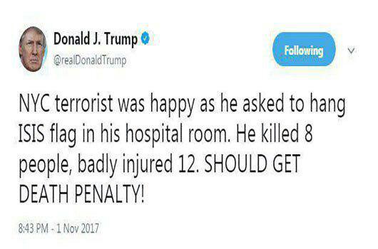 ترامپ: عامل حمله منهتن باید اعدام شود ترامپ: عامل حمله منهتن باید اعدام شود