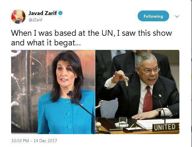 واکنش ظریف به سخنان نیکی هیلی واکنش ظریف به سخنان نیکی هیلی