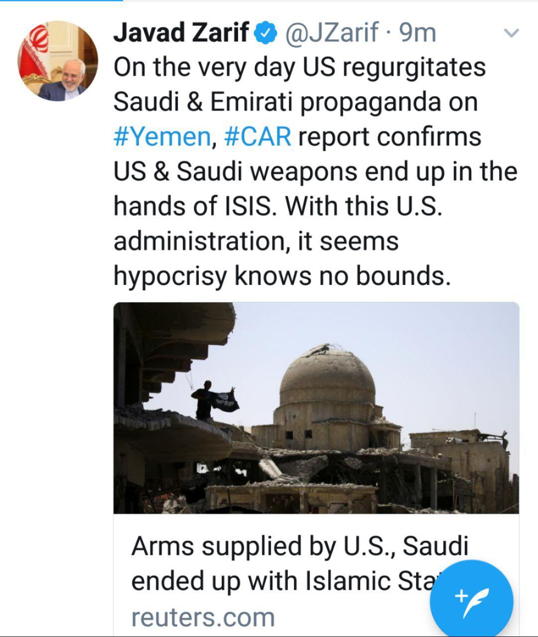 ظریف: تسلیح داعش با سلاح های آمریکایی و سعودی ظریف: تسلیح داعش با سلاح های آمریکایی و سعودی