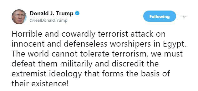ترامپ حمله تروریستی مصر را وحشتناک و بزدلانه خواند ترامپ حمله تروریستی مصر را وحشتناک و بزدلانه خواند