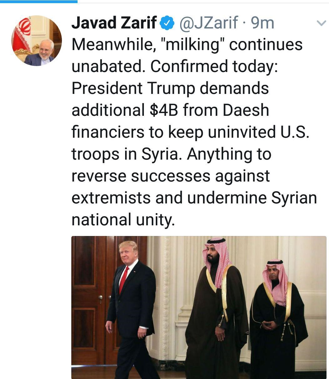 توئیت طعنهآمیز ظریف: دوشیدن عربستان ادامه دارد توئیت طعنهآمیز ظریف: دوشیدن عربستان ادامه دارد