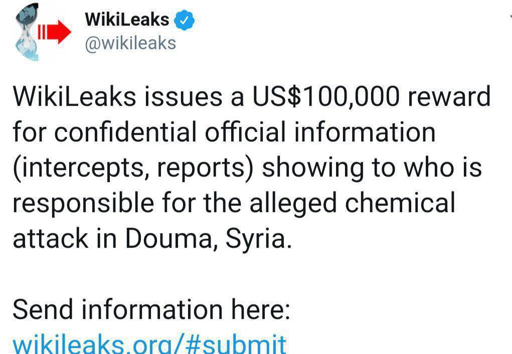 جایزه ۱۰۰ هزار دلاری ویکی لیکس برای اطلاعاتی درباره حمله شیمیایی در سوریه جایزه ۱۰۰ هزار دلاری ویکی لیکس برای اطلاعاتی درباره حمله شیمیایی در سوریه