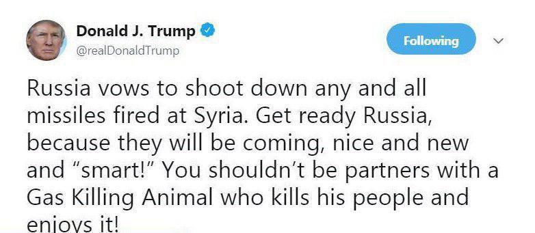 ترامپ: روسیه، آماده باش! با موشک های جدید و هوشمند به سوریه حمله می کنیم ترامپ: روسیه، آماده باش! با موشک های جدید و هوشمند به سوریه حمله می کنیم