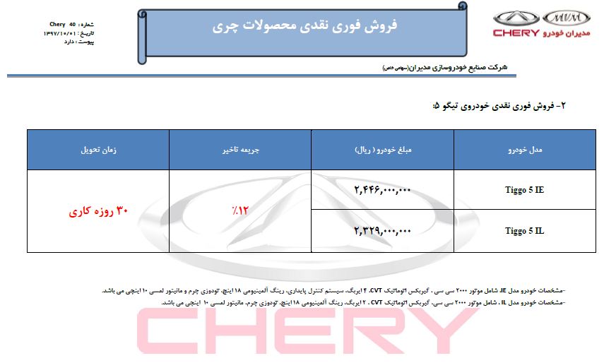 آغاز فروش فوری خودروهای ام.وی.ام و چری  با قیمت جدید از امروز (+جزئیات و جدول)