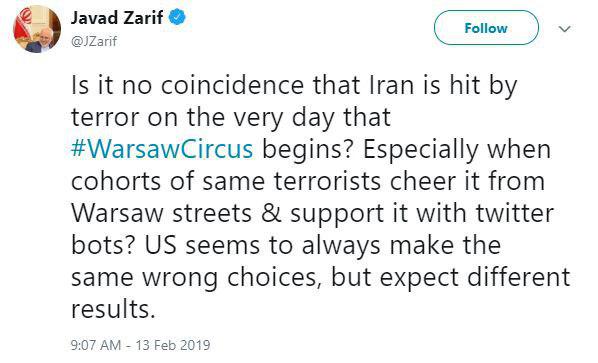 ظریف: اینکه ایران در روز برگزاری سیرک ورشو هدف حمله تروریستی قرار می‌گیرد، تصادفی است؟