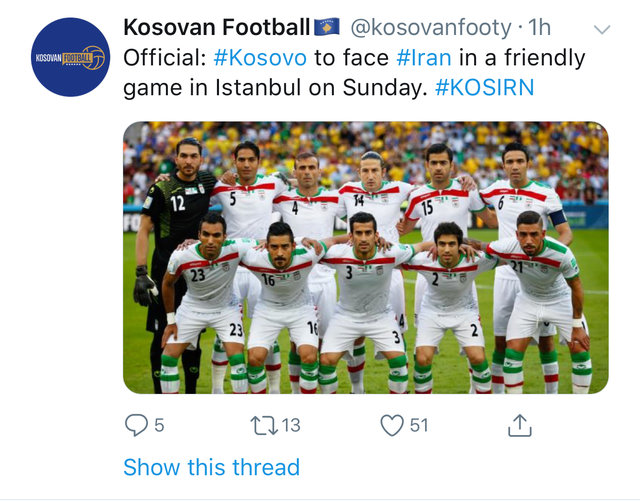 ادعای یکی از رسانه های کوزوو: تیم ملی ایران به جای یونان به مصاف کوزوو میرود ادعای یکی از رسانه های کوزوو: تیم ملی ایران به جای یونان به مصاف کوزوو میرود