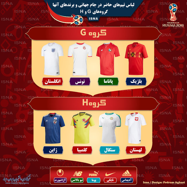 لباس تیم‌های گروه‌های G و H جام جهانی (اینفوگرافی)