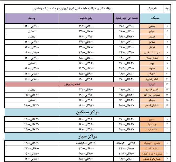 تغییر ساعت مراکز معاینه فنی تهران در ماه رمضان (+جدول)