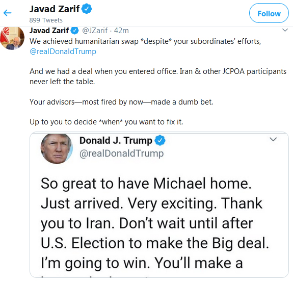 ترامپ: تشکر از ایران/ من در انتخابات برنده خواهم شد/ ایران صبر نکند از همین حالا  با من مذاکره کند+جواب ظریف