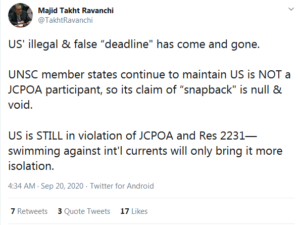 تخت‌روانچی: ادعای آمریکا مبنی بر فعال‌سازی مکانیسم ماشه باطل و پوچ است