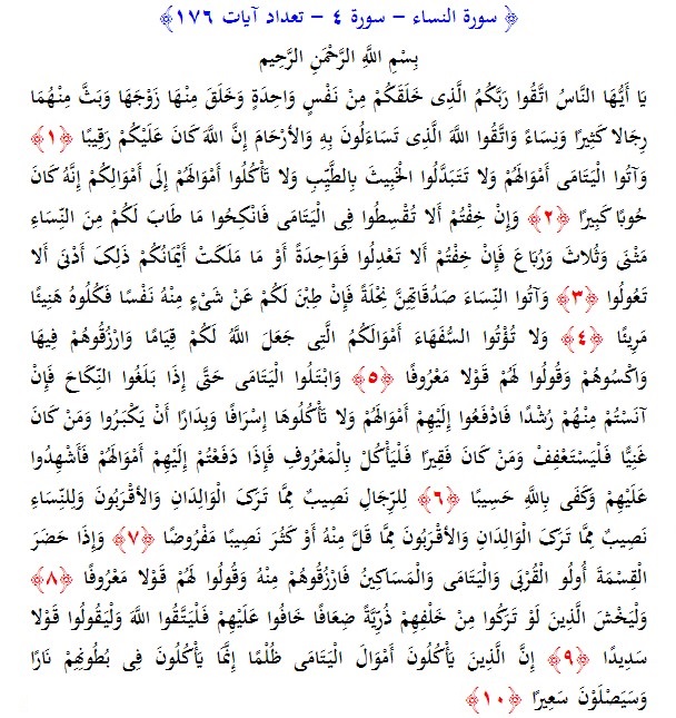 سوره های قرآن/ سوره نساء (متن، ترجمه و فایل صوتی)