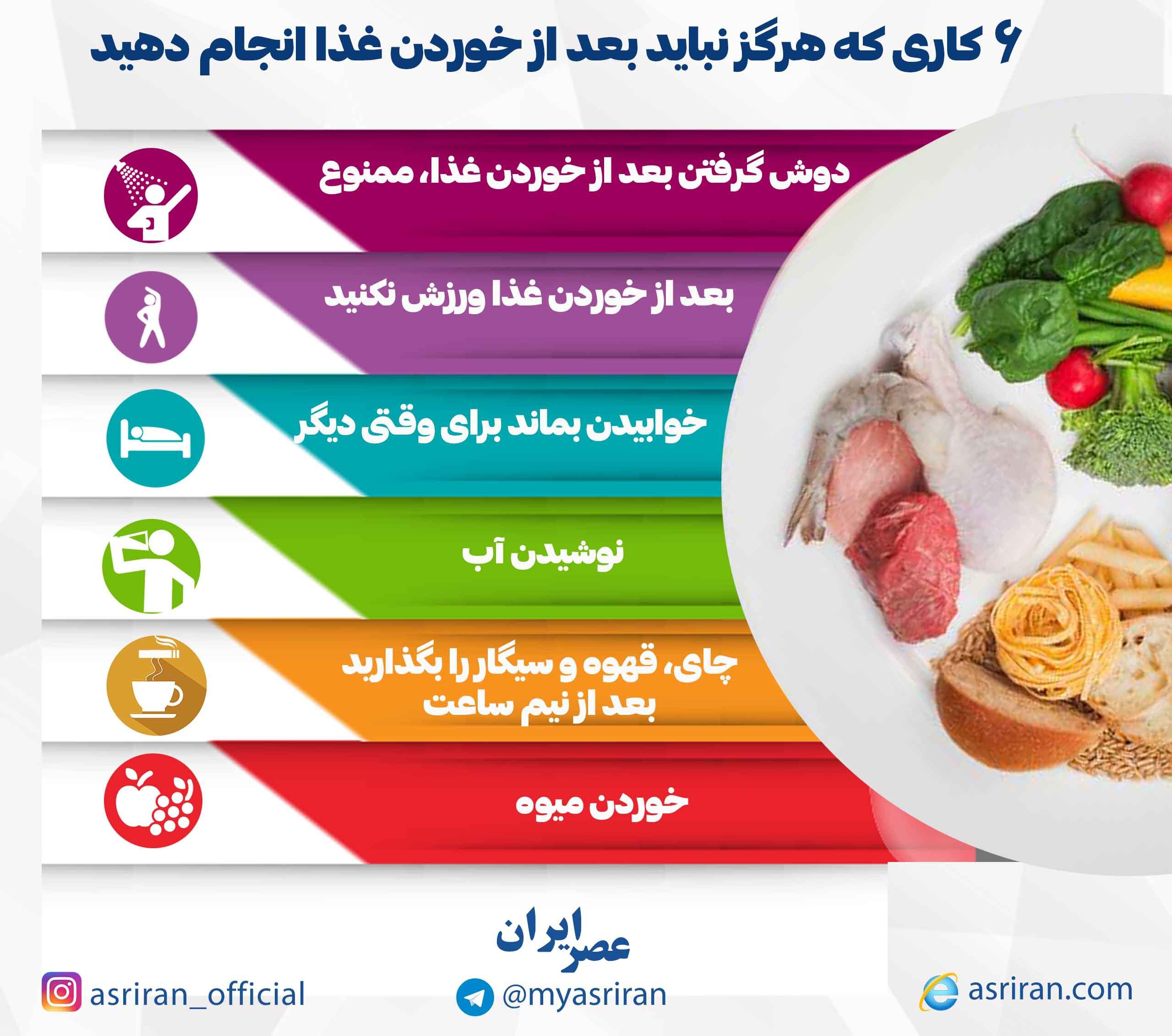6 کاری که نباید بعد از غذاخوردن انجام دهید (اینفوگرافیک)
