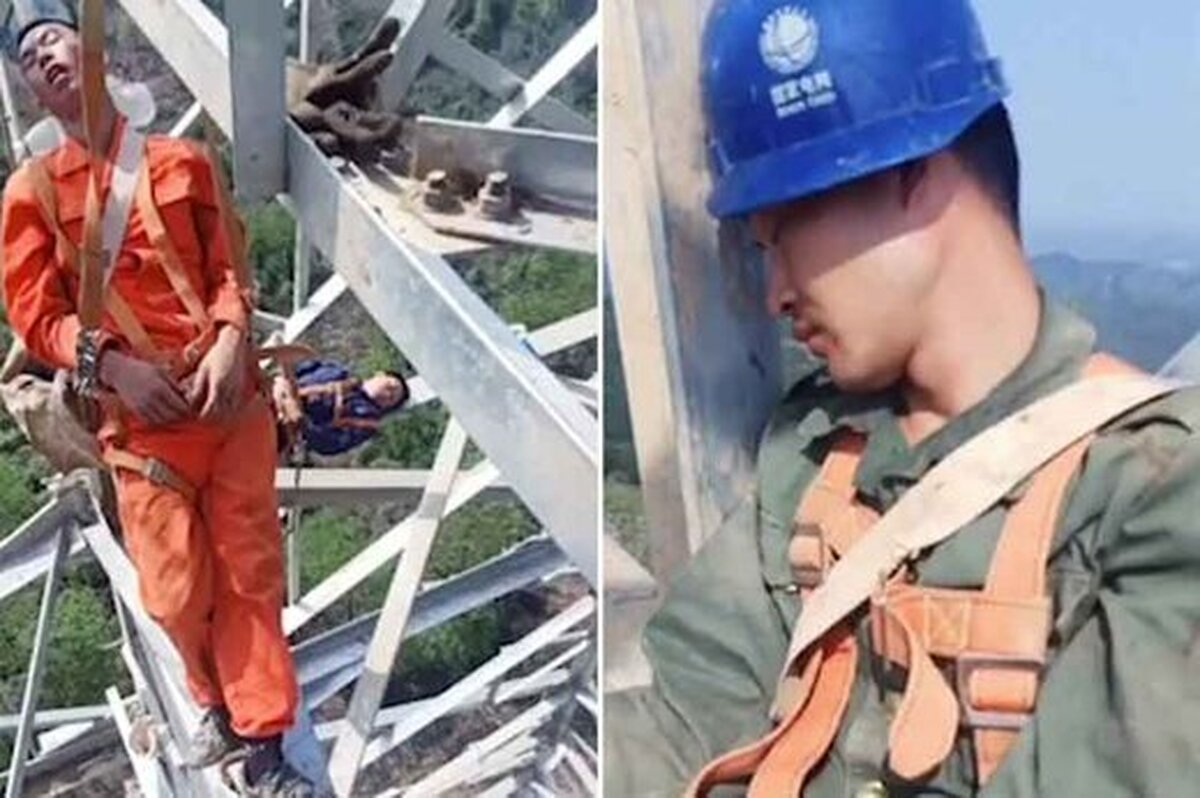 ببینید | خوابیدن در ارتفاع ۵۰ متری روی برج‌های انتقال برق در چین