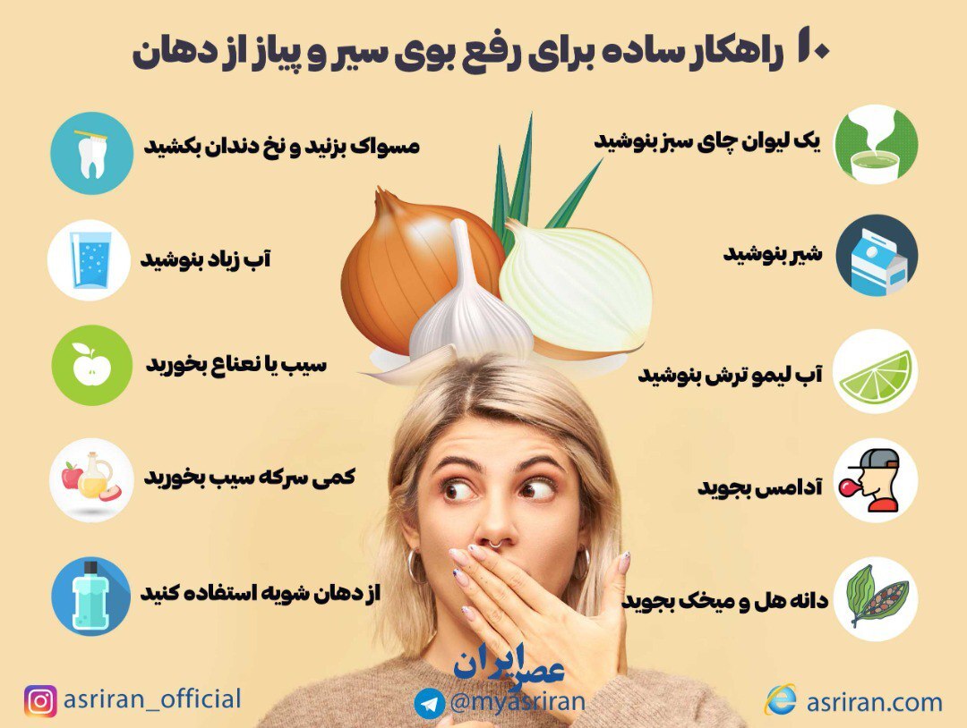 10 راهکار ساده برای از بین بردن بوی سیر و پیاز از دهان (اینفوگرافیک)