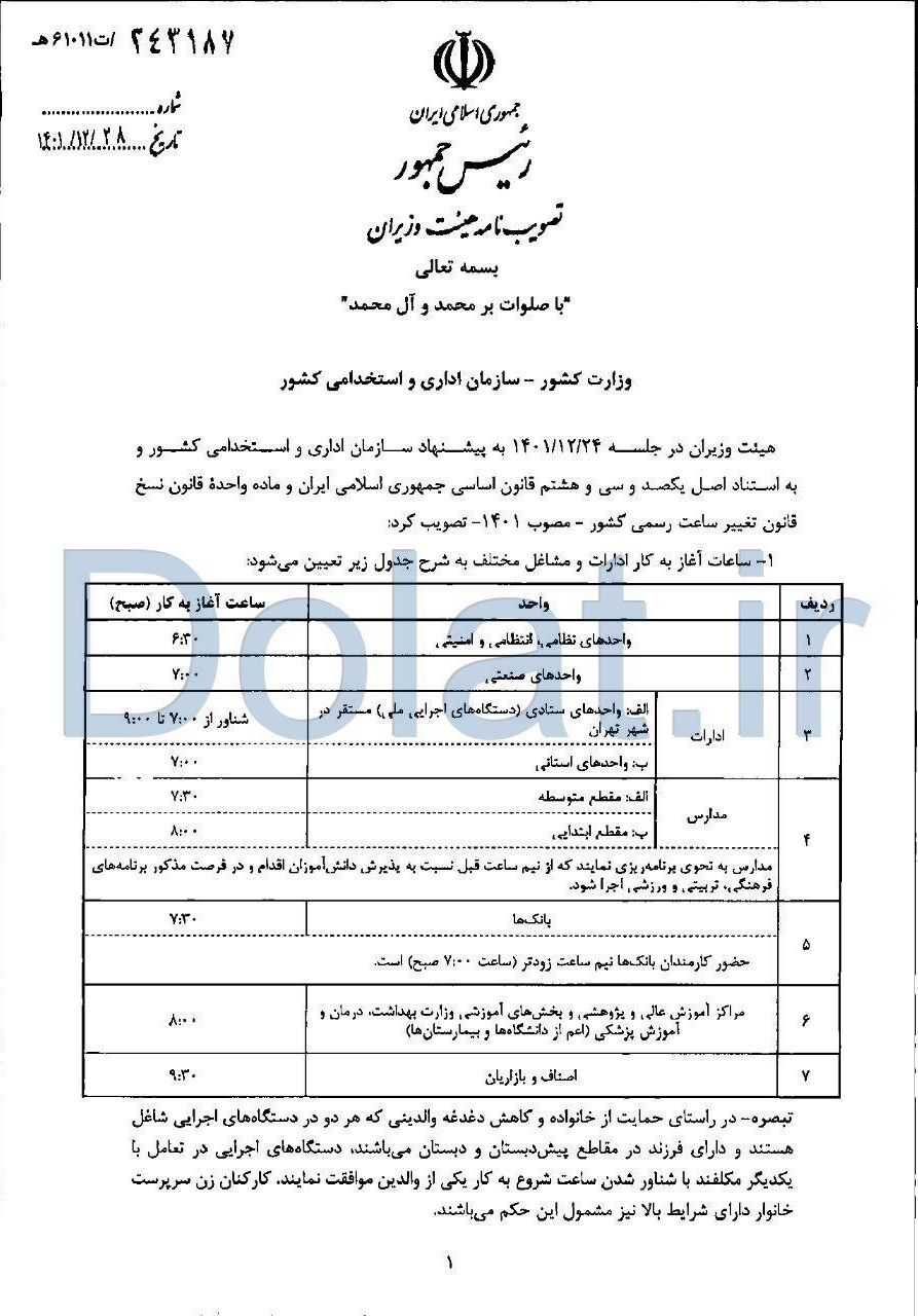 جزئیات ساعت آغاز به کار ادارات