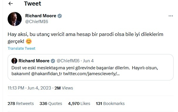 سوتی رئیس ام آی 6: تبریک توییتری به صفحه جعلی وزیر خارجه جدید ترکیه / سخنرانی جعلی پوتین در رادیوهای روسیه