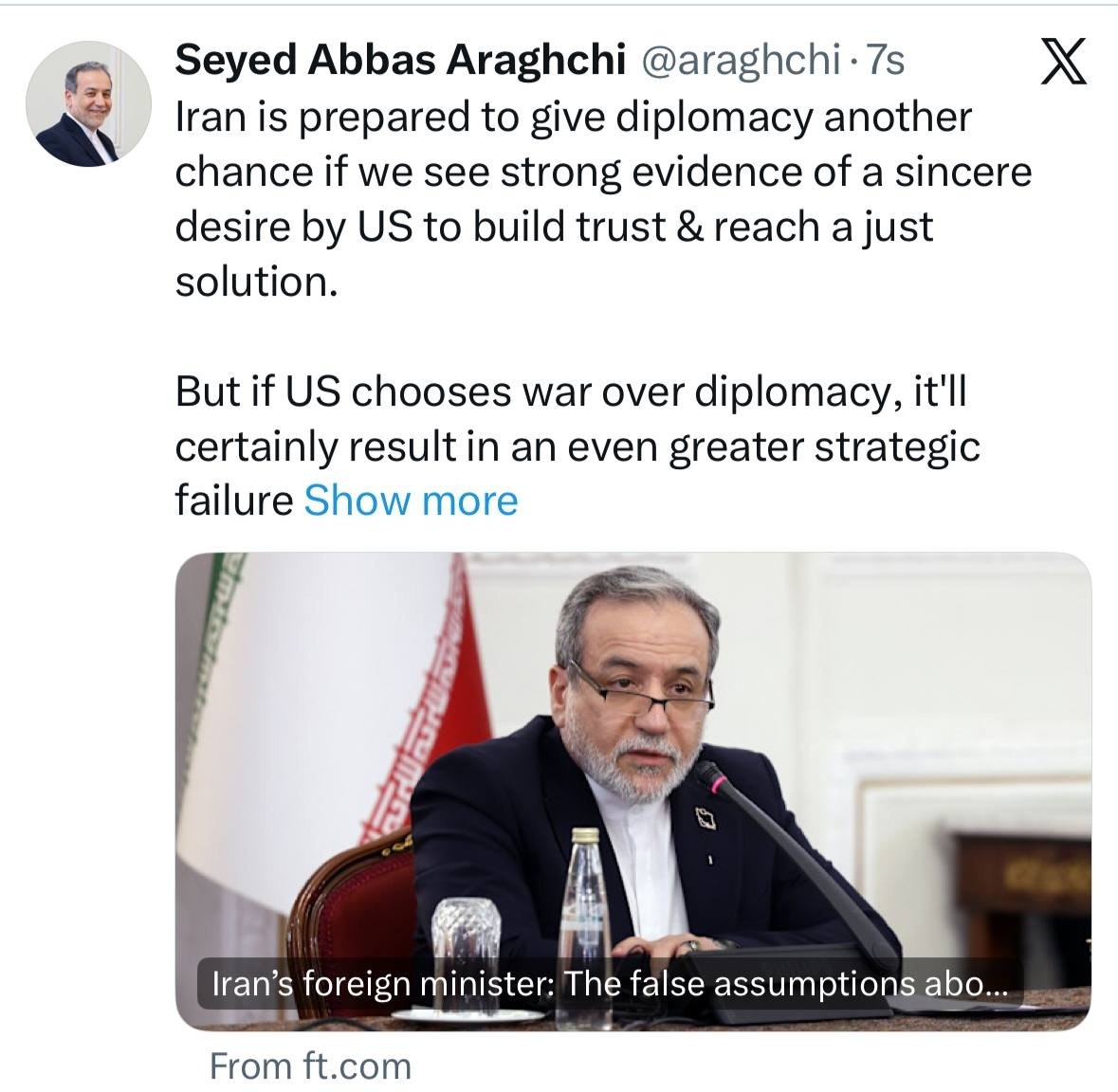 عراقچی: اگر آمریکا صداقت داشته باشد، ایران آماده است بار دیگر به دیپلماسی فرصت بدهد