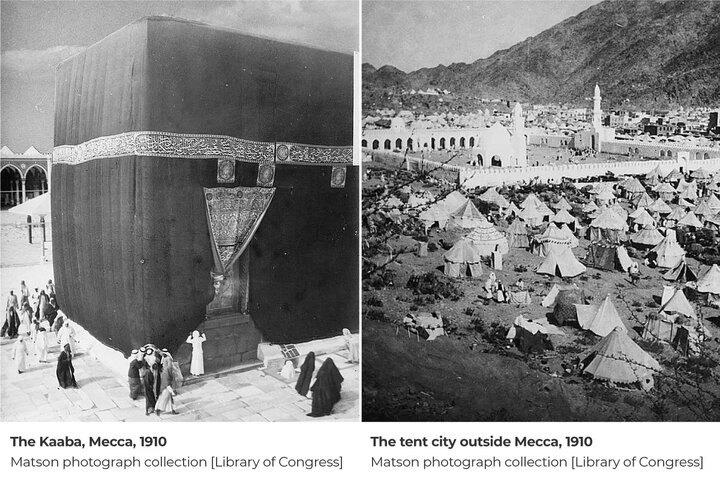 نمایی از کعبه در سال ۱۹۱۰ میلادی و چادرهایی که در اطراف آن برپا شده بود. نمایی از کعبه در سال ۱۹۱۰ میلادی و چادرهایی که در اطراف آن برپا شده بود.