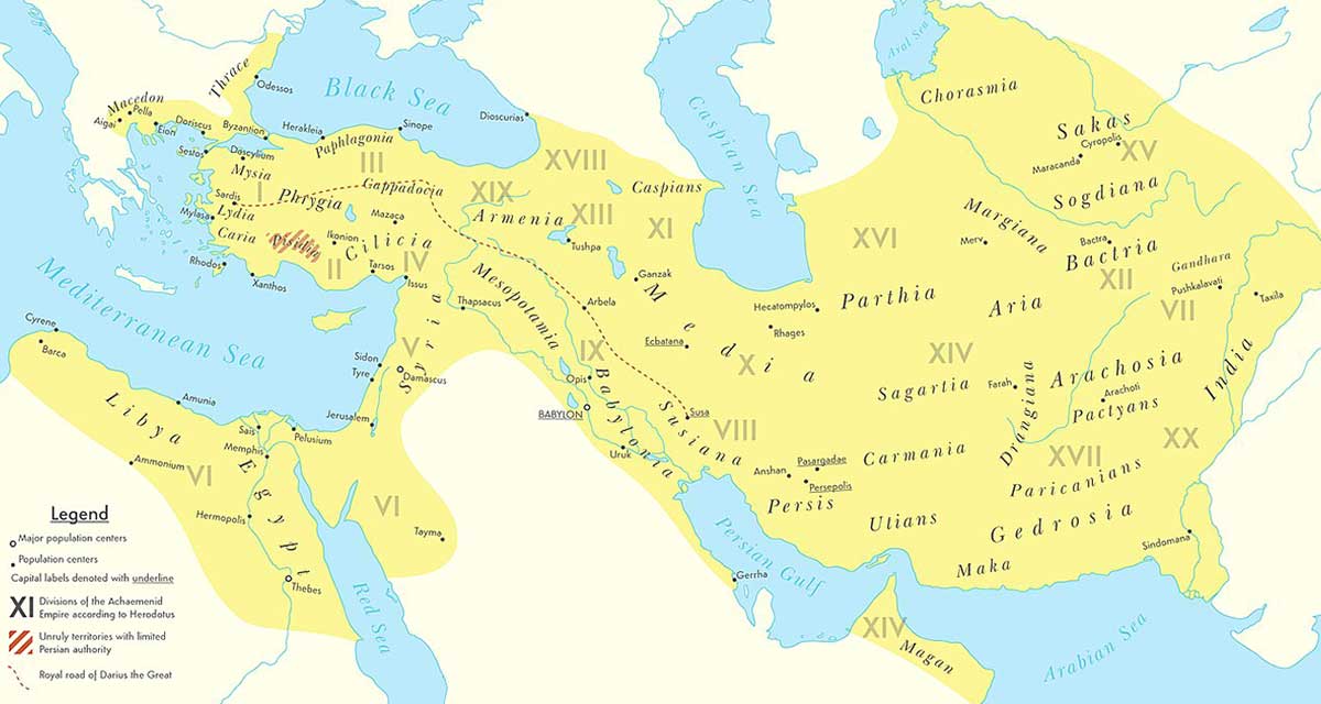 نقشه بیشترین گستره سرزمینی امپراتوری هخامنشی که در دوره سلطنت داریوش بزرگ (حدود ۴۸۶–۵۲۲ پیش از میلاد) به دست آمد نقشه بیشترین گستره سرزمینی امپراتوری هخامنشی که در دوره سلطنت داریوش بزرگ (حدود ۴۸۶–۵۲۲ پیش از میلاد) به دست آمد