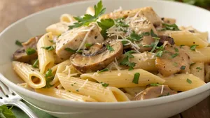 طرز تهیه پاستا پنه با مرغ و قارچ