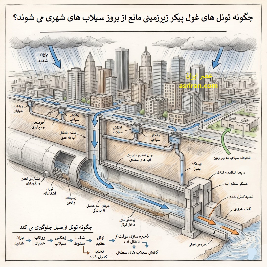 اینفوگرافیک نحوه کار تونل های عظیم زیرزمینی مدیریت سیلاب اینفوگرافیک نحوه کار تونل های عظیم زیرزمینی مدیریت سیلاب